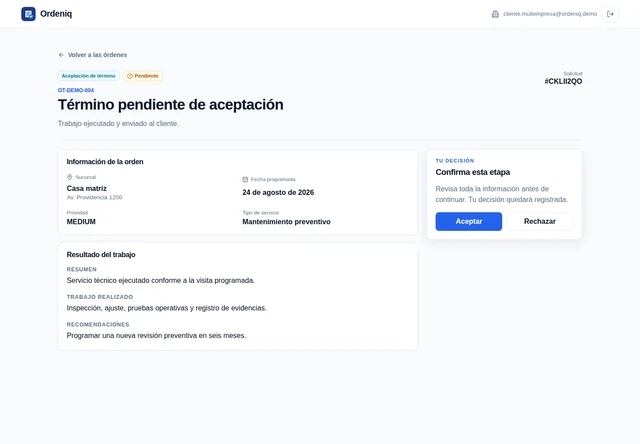 Portal de Clientes real mostrando una aprobación
