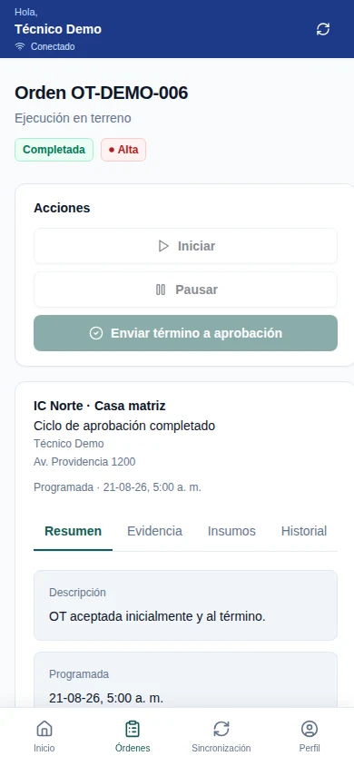Detalle móvil real de una orden para técnicos