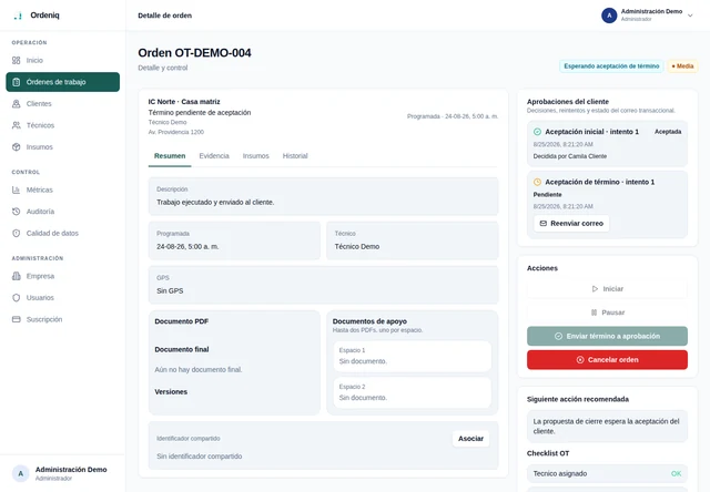 Detalle real de una orden de trabajo en Ordeniq