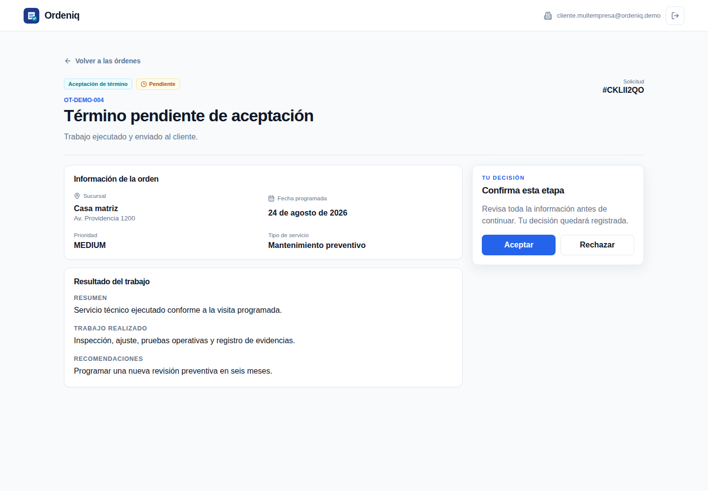 Portal de Clientes real mostrando una aprobación