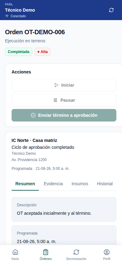 Detalle móvil real de una orden para técnicos
